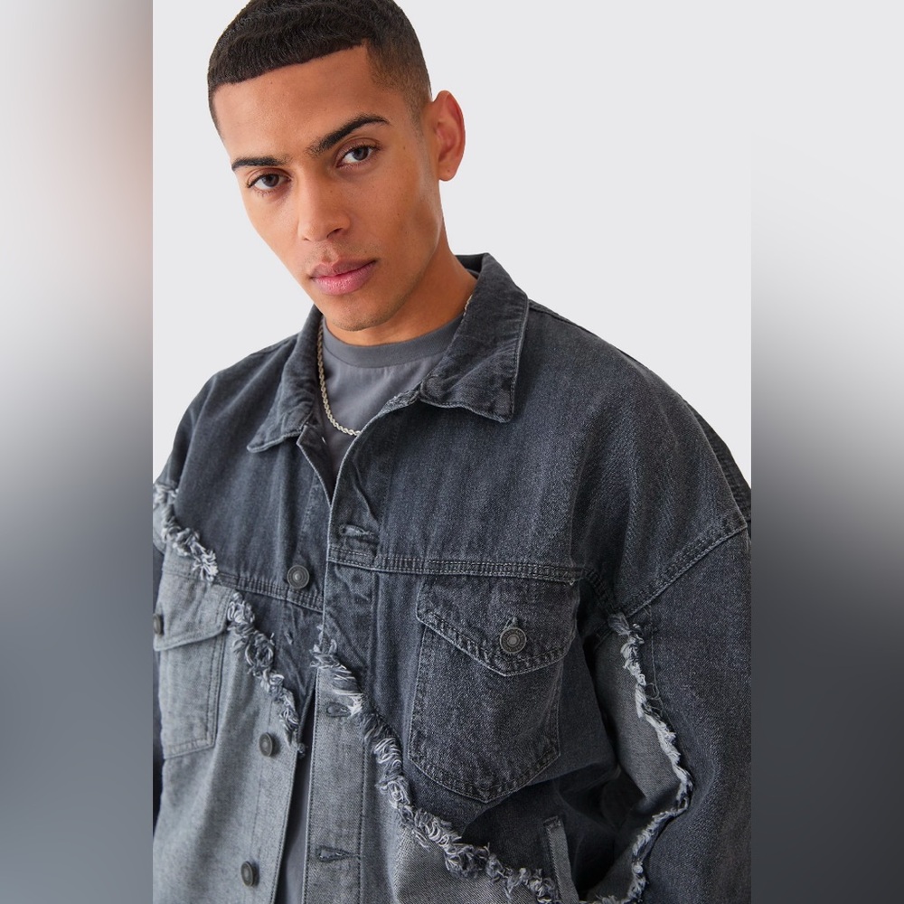 NWT [BoohooMan] Oversized Spliced Frayed Edge Denim Jacket in Mid Gray Men's XL - Picture 2 of 10
